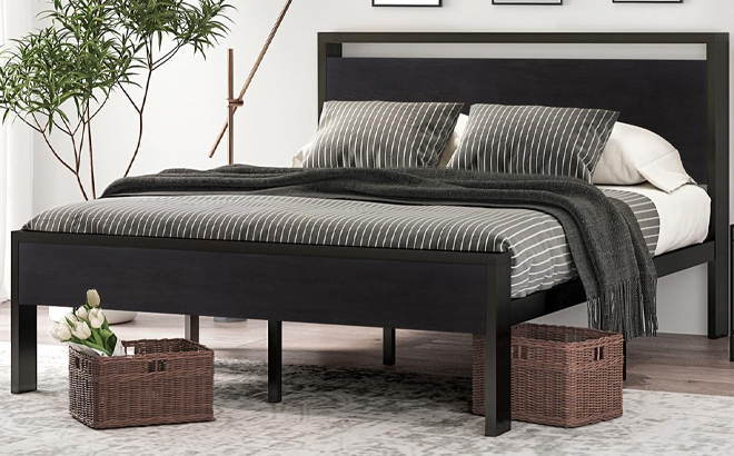 14 Inch Queen Size Metal Platform Bed Frame with Wooden Headboard and Footboard