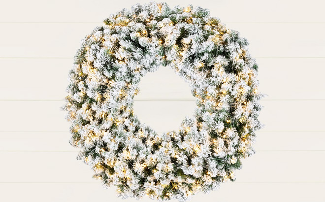 30 Inch Large Flocked Artificial Pre Lit Fir Christmas Wreath