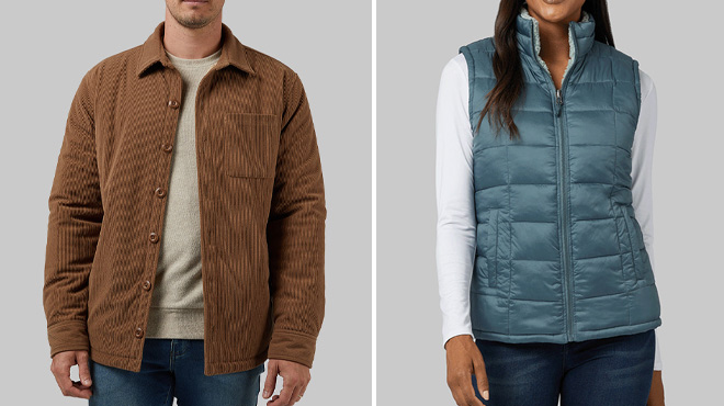 32 Degrees Mens Corduroy Sherpa Lined Shirt Jacket and Womens Reversible Sherpa Lined Vest