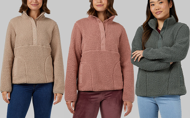 32 Degrees Womens Cozy Sherpa Snap Mock Tops