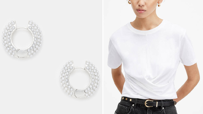 4 All Saints Pearl Beaded Hoop Earrings and Cropped T Shirt