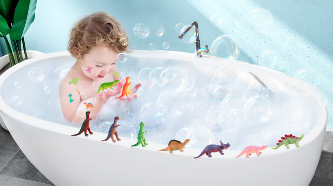 A Child Bathing with Dinosaur Bath Bombs