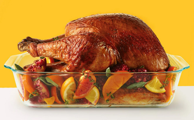 A Cooked Turkey inside a Baking Dish