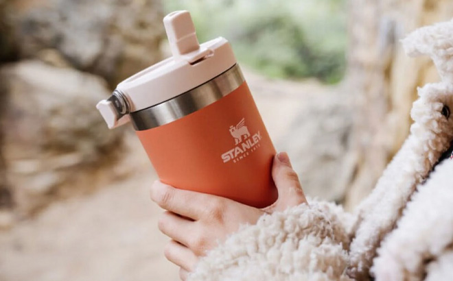 A Person Holding Stanley The IceFlow Flip Straw Tumbler in Tigerlily Color