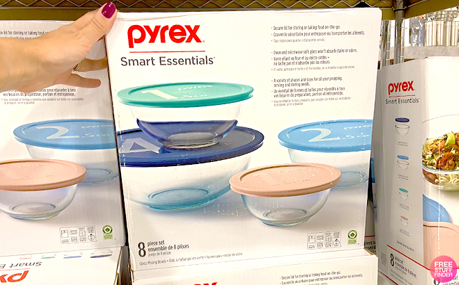 A Person Holding the Pyrex Mixing Bowls 8 Piece Set on a Shelf at Macys