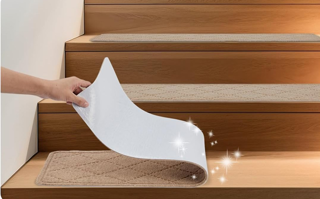 A Person Peeling Off the Non Slip Carpet Stair Treads with Reusable Adhesive