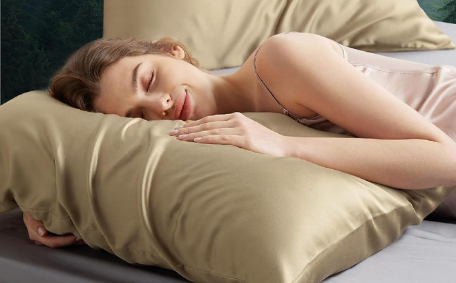 A Person Sleeping on the Bedsure Silk Pillowcase in Brown Color