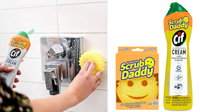 A Person Using Scrub Daddy Sponge and Cif Cleaner