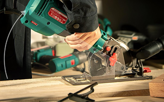 A Person Using the Hychika Electric Circular Saw on Wood