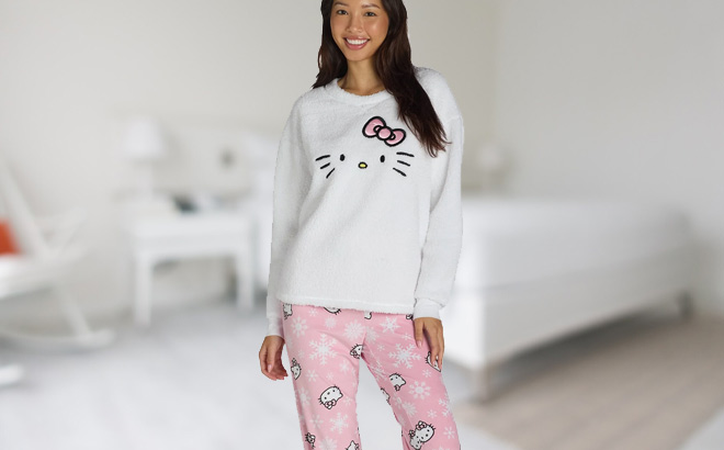 A Person Wearing Hello Kitty Womens Plush Pajama Set