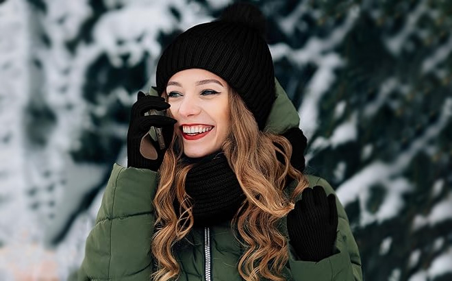 A Person Wearing Women Winter Beanie Hat Scarf Gloves Set in Black Color