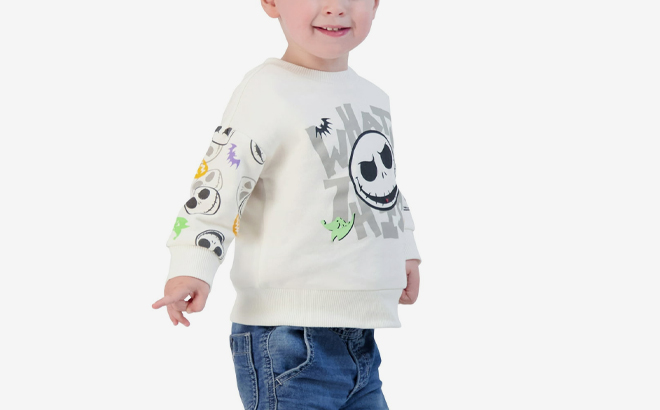 A Toddler wearing a Nightmare Before Christmas Sweatshirt