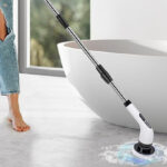 A Woman Cleaning Bathroom Floors with Highyes Electric Spin Scrubber