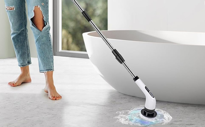 A Woman Cleaning Bathroom Floors with Highyes Electric Spin Scrubber