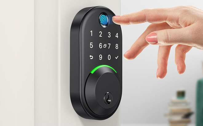 A Woman Using WiseGear Keypad Smart Deadbolt Door Lock