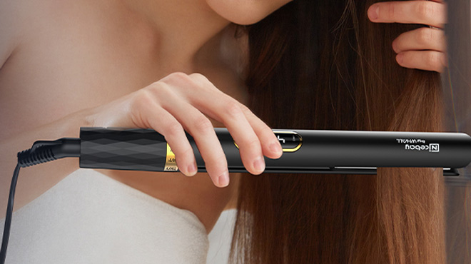 A Woman Using the Nicebay Hair Straightener Flat Iron