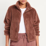 A Woman Wearing Old Navy Sherpa Zip Jacket in Warm Taupe