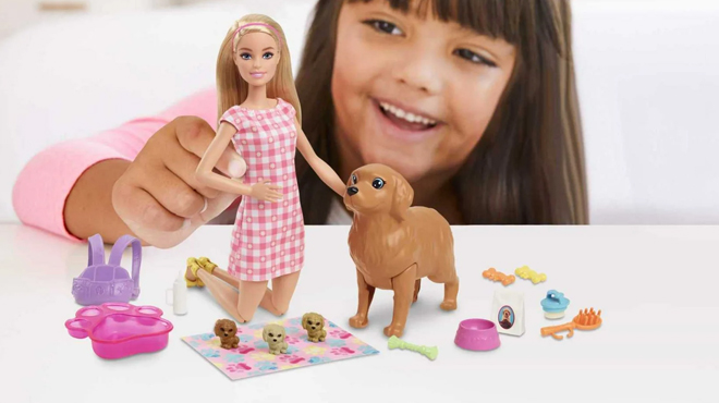 A girl playing with Barbie Doll Newborn Pets Playset 1