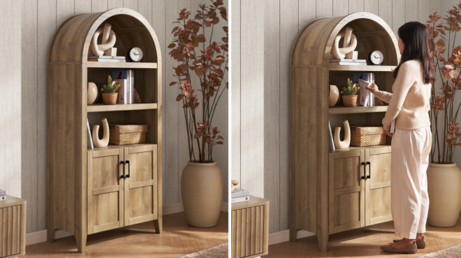 A lady pulling a book from the Mopio Adjustable Shelves Bookcase