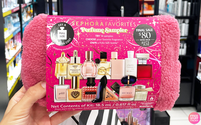 A person holding a Sephora Favorites Perfume Sampler Set