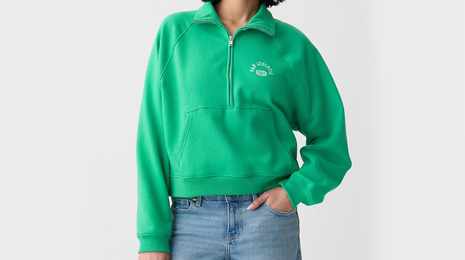 A person wearing GAP Vintage Soft Cropped Half Zip Pullover