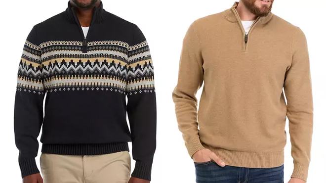 A person wearing a Izod Classics Holiday ¼ Zip​ Mens Sweater on the left and a Man wearing Izod Honeycomb Mens Sweater on the right