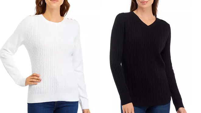 A woman wearing a Kim Rogers Womens Long Sleeve Cable Knit Trim Sweater on the left and a woman wearing Kim Rogers Womens Long Sleeve V Neck Cable Sweater on the right