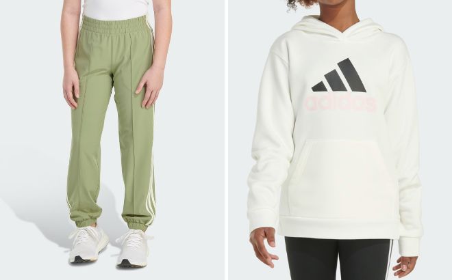 Adidas Elastic Waistband Woven 3 Stripes Joggers and Long Sleeve Essential Graphic Pullover Hoodie