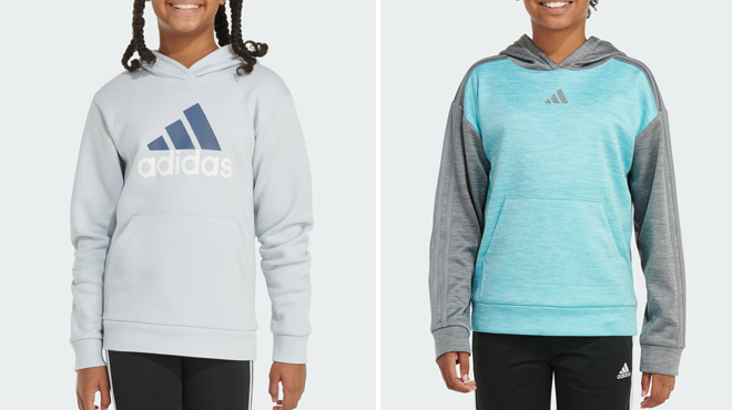 Adidas Girls Essentials Graphic Hooded Pullover and Adidas Boys Long Sleeve Game and Go Melange Pullover Hoodie