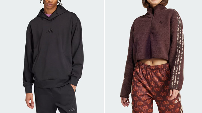 Adidas Mens ALL SZN Fleece Hoodie and Adidas Womens Essentials Animal Print Cropped Zip Top