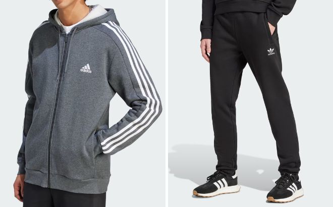 Adidas Mens Essentials Fleece 3 Stripes Full Zip Hoodie and Trefoil Essentials Pants