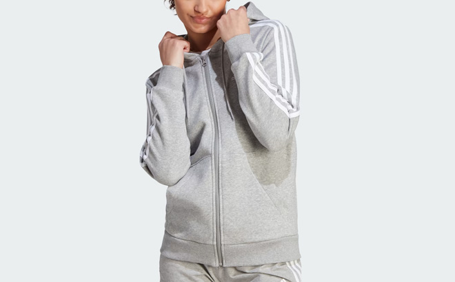 Adidas Womens Essentials 3 Stripes Full Zip Fleece Hoodie