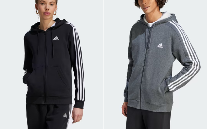 Adidas Womens and Mens Essentials 3 Stripes Full Zip Fleece Hoodie and