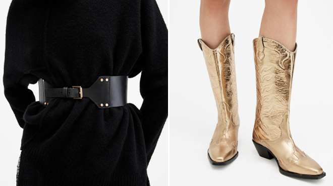 All Saints Eden Studded Leather Waist Belt and All Saints Dolly Metallic Leather Western Boots