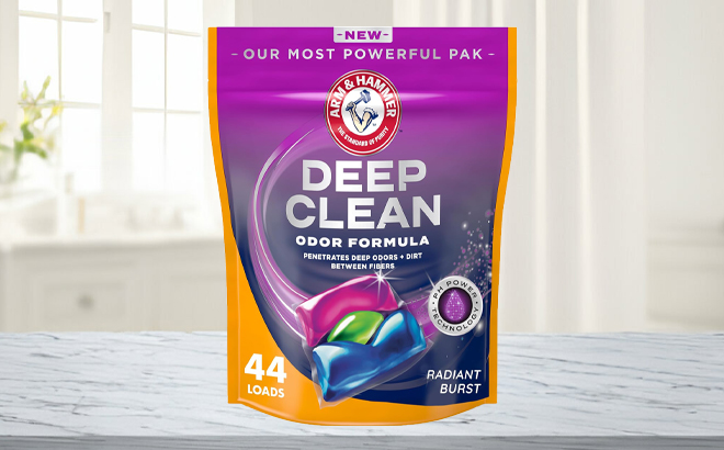 Arm Hammer Deep Clean Odor Formula 44 Count Pods on a Table