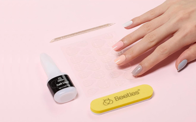 Beetles Press On Nails Kit with Nail Glue and Double Sided Mini Nail File