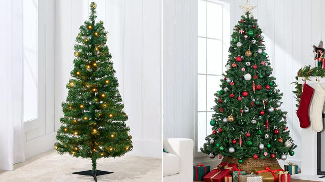 Best Choice Products 4 Foot Prelit Colored Christmas Tree on the left and Best Choice Products 6 Foot Premium Spruce Artificial Christmas Tree on the right