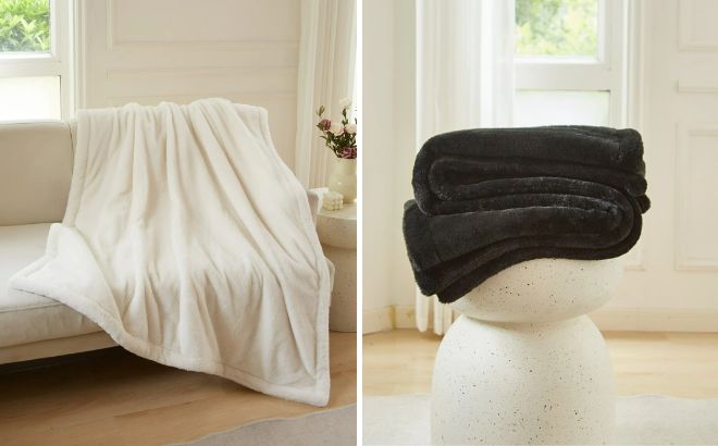 Better Homes Gardens Cuddle Faux Fur Throw Blanket in Vanilla and Black Colors