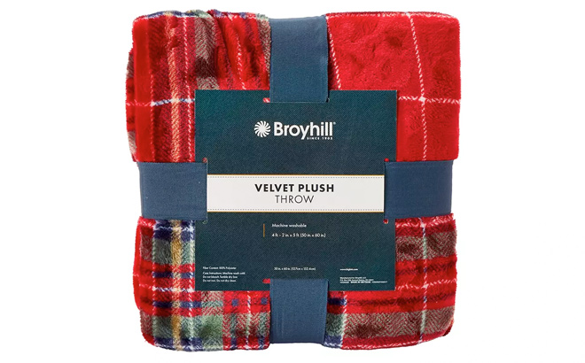 Broyhill Red Green Plaid Velvet Plush Throw