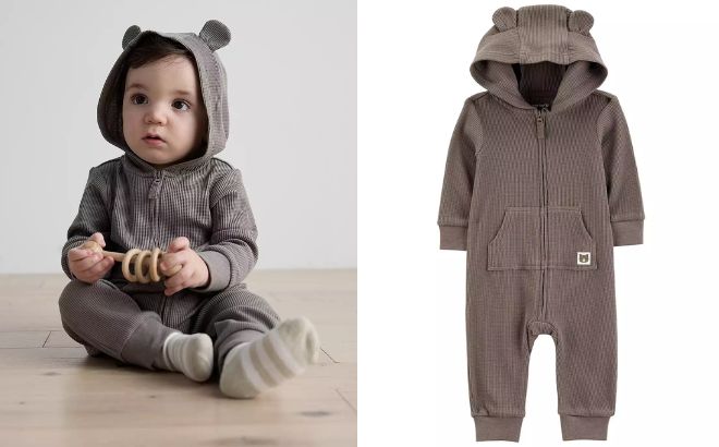 Carters Baby Boy Bear Hood Zip Up Thermal Waffle Jumpsuit