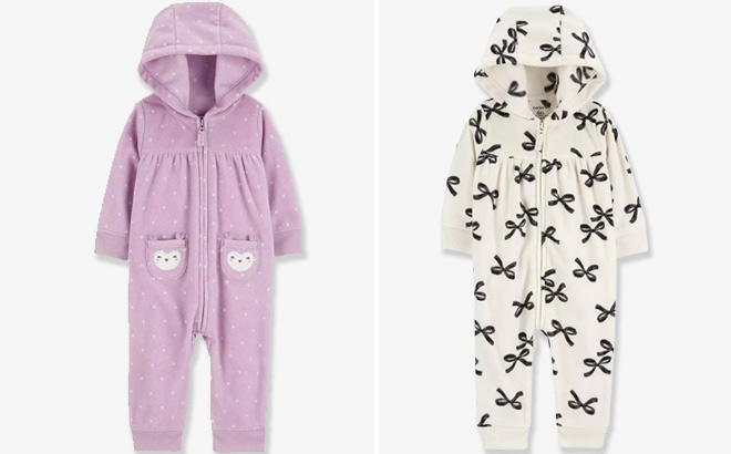 Carters Owl Hooded Zip Up Fleece Jumpsuit and Bows Hooded Zip Up Fleece Jumpsuit