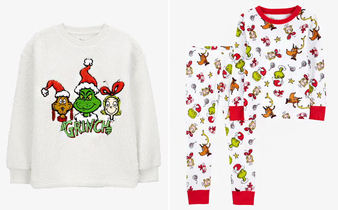 Carters Toddler Grinch Fuzzy Pullover and 2 Piece Christmas Grinch Cotton Pajamas