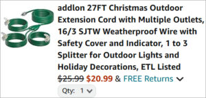 Checkout page of Addlon Outdoor 27 Foot Extension Cord