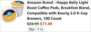 Checkout page of Amazon Brand Happy Belly House Blend Coffee Pods