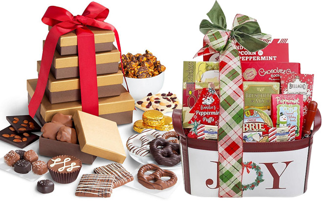 Chocolate Indulgence Deluxe Gift Tower and Alder Creek Joyful Holiday Gift Basket