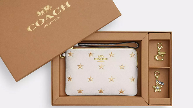 Coach Outlet Boxed Corner Zip Wristlet With Star Print And Charms