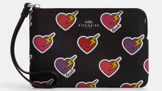 Coach Outlet Corner Zip Wristlet With Heart Bolt Print