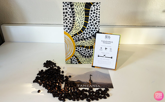 Coffee Bag Postcard and Coffee Beans on a Tabletop