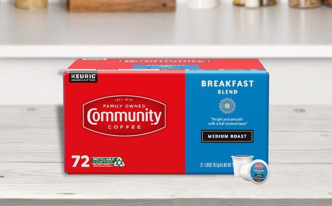 Community Coffee Breakfast Blend 72 Count K Cup Coffee Pods on a Kitchen Counter