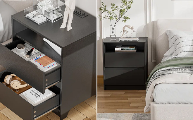 Contemporary Bedside Table with USB Open Shelf and Ample Storage in Blackjpg